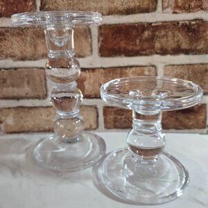 Pair of Clear Glass Pillar or Taper Candle Holders Ball Pedestal 5” and 8"